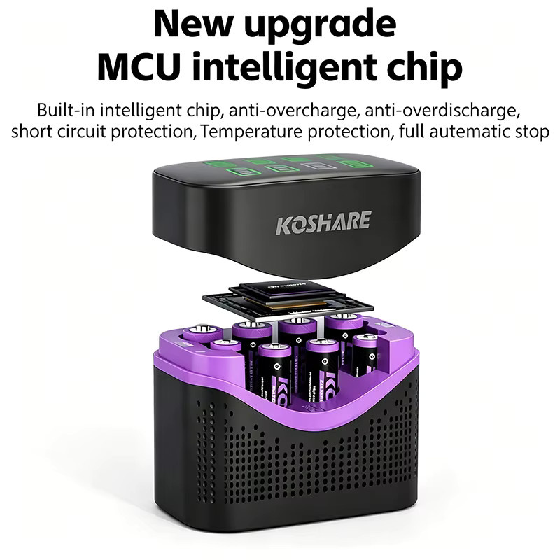 KOSHARE 8-fach Smart LCD Batterieladegerät in Schwarz inklusive 4255mWh und 110mWh AA AAA Lithium-Ionen-Akkus - Bild 2