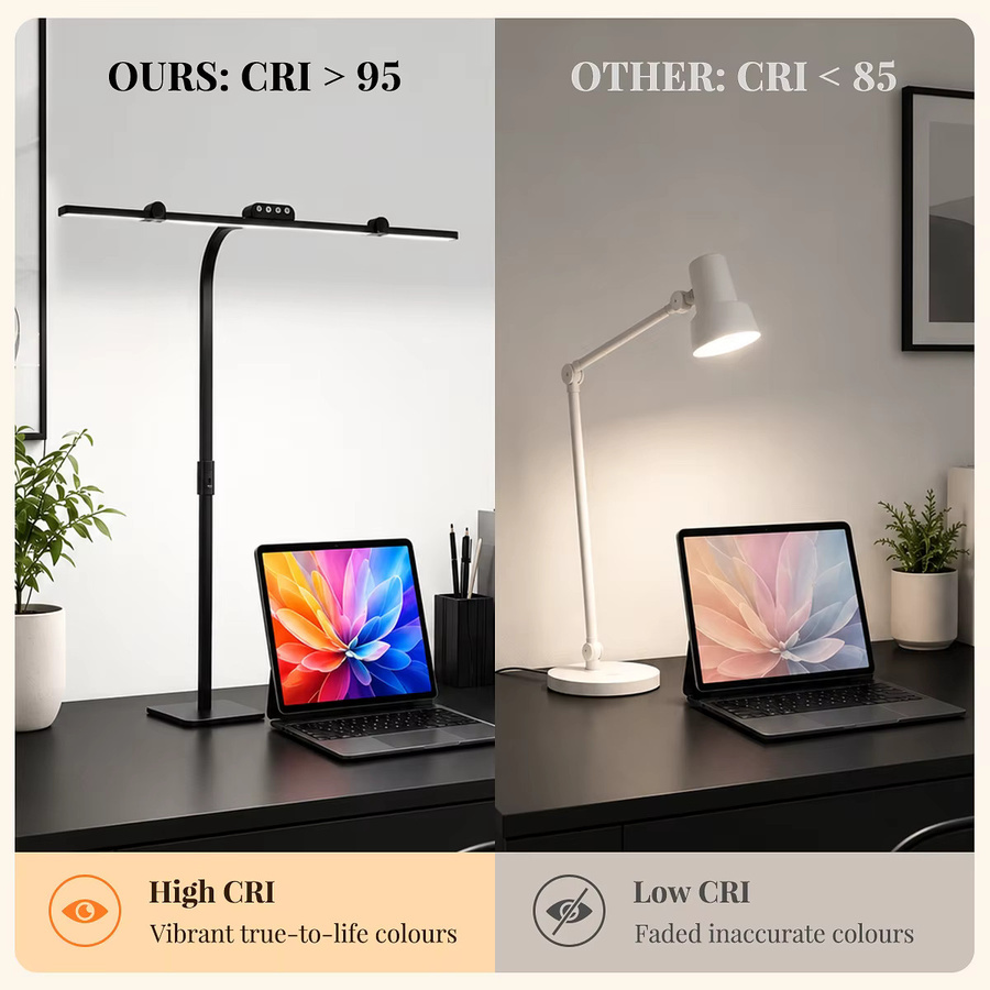 Dimmbare Dreikopf-LED-Tischleuchte in Schwarz mit Sockel und Klemme, Augenschonende Schreibtischlampe mit 5 Farbmodi, Zeitschaltuhr und verstellbarem Winkel für Home-Office und Dual-Monitor-Setups - Bild 5