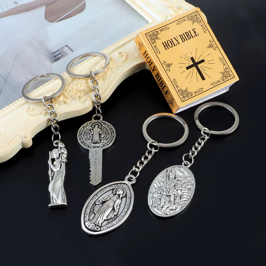Aogue Schlüsselanhänger Jesus Saint Benedict, Legierung, Silber, Unisex - Bild 4