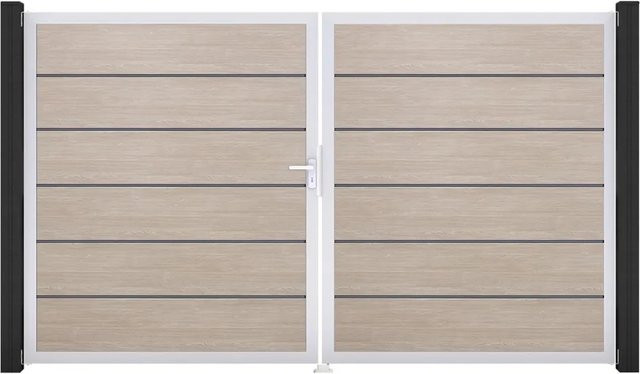 GroJa Doppelflügeliges Tor Basicline Premium Sheffield Oak in Aluminium und PVC, Breite: 306 cm, Höhe: 180 cm, DIN Links mit Sichtschutz - Bild 1