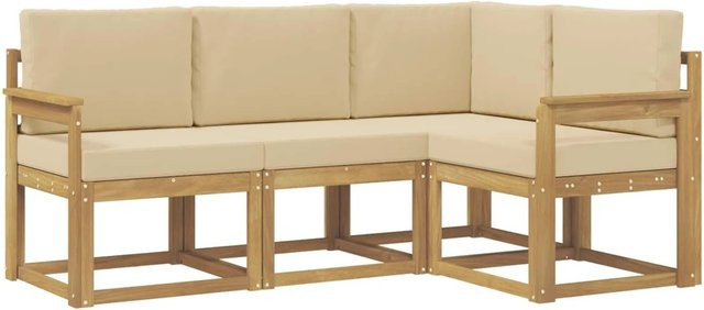 vidaXL Outdoor-Sofagarnitur L-Form aus Akazienholz mit Kissen in Weiß und Beige - Bild 1