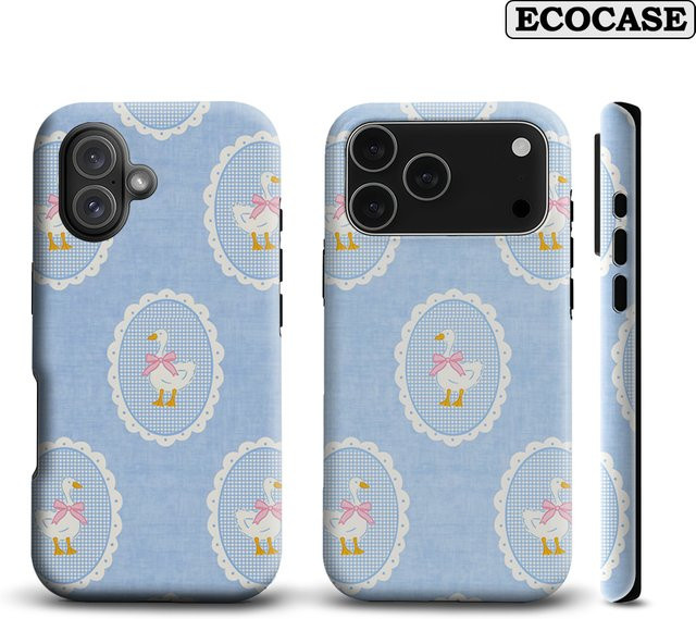 Handyhülle mit Entlein und rosa Schleife für Apple iPhone 17 16 15 14 13 12 11 Pro Max Plus mit doppelschichtiger Rückseite in Pink und Blau - Bild 1