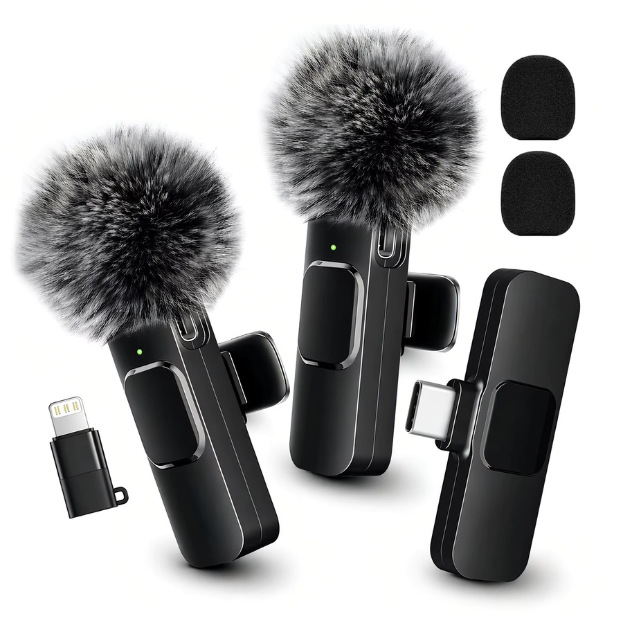 HITOZON Kabelloses Lavalier-Mikrofon mit Windschutz und USB-C sowie Lightning-Adapter für Android, iPhone, Tablets und Laptops in Schwarz oder Weiß - Bild 1