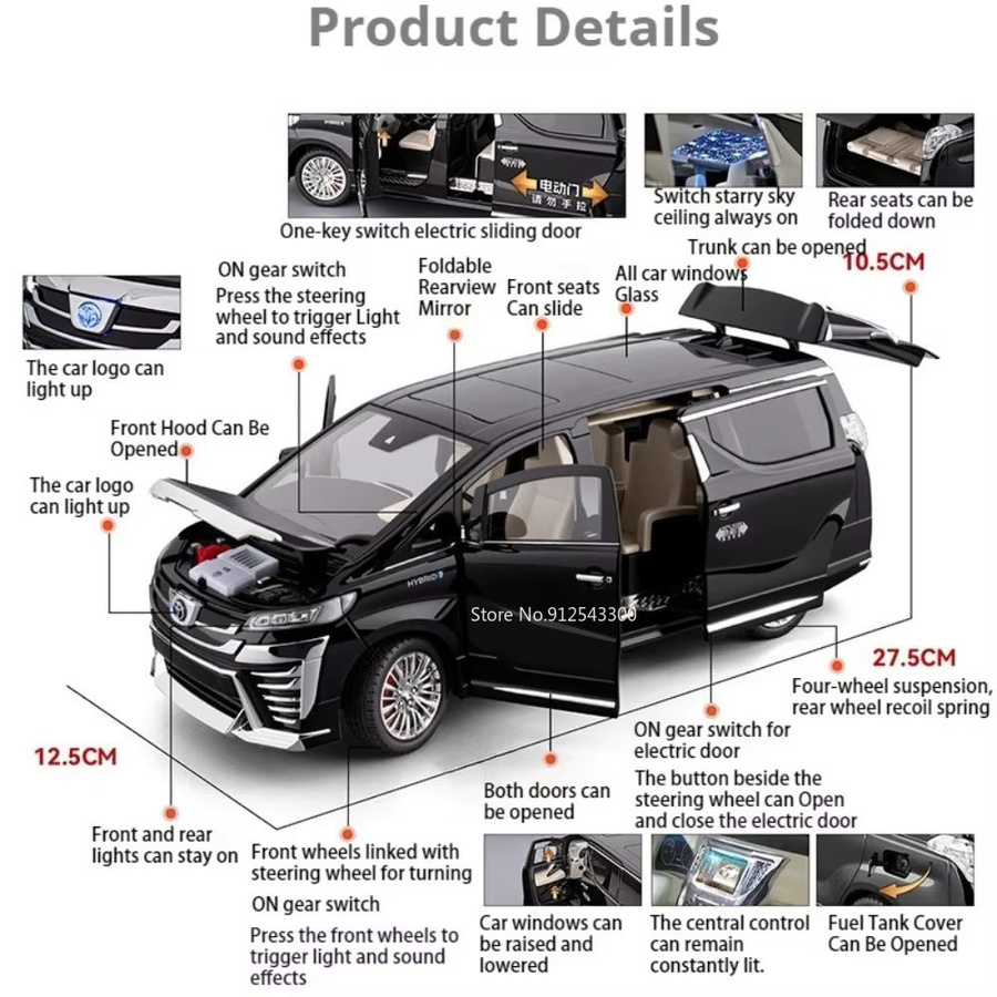 caipo Vellfire Alphard Business-Automodell, Maßstab 1:18, mit Tonlicht und Sternenhimmel - Bild 2