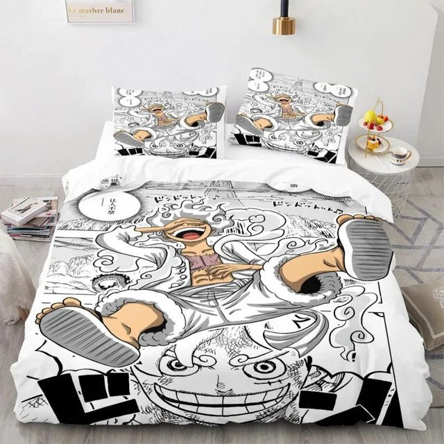 Anime Bettwäsche-Set Luffy Gear Nika mit Bettbezug und Kissenbezug, 3-teiliges Set aus Mikrofaser, Farbe: Weiß, Breite: 135 cm, Länge: 200 cm - Bild 1