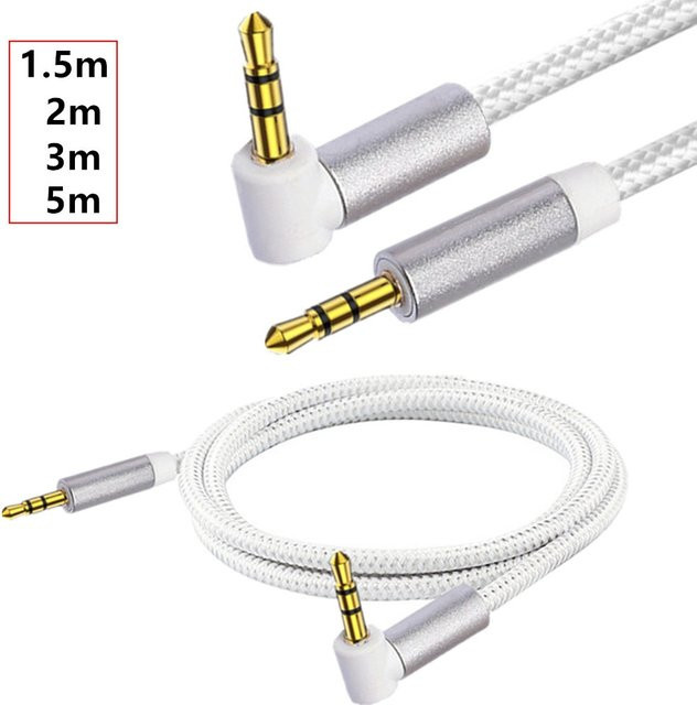 BSN Stereo Aux 3,5-mm-auf-3,5-mm-Audiokabel mit 90-Grad-Stecker in Weiß - Bild 1