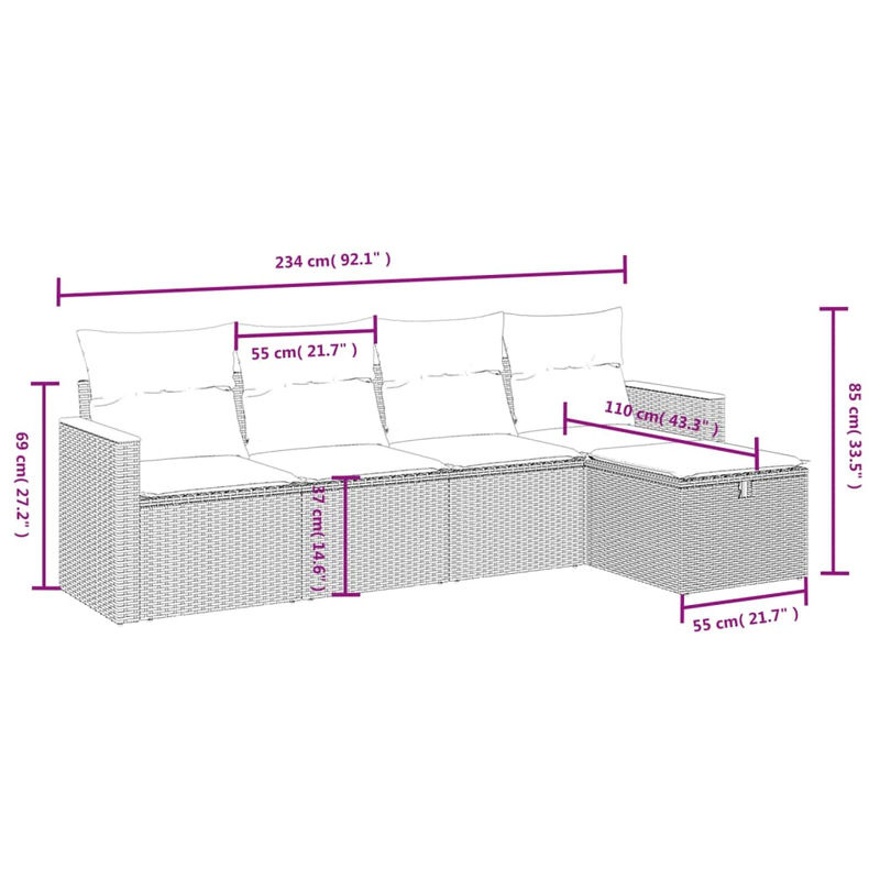 vidaXL 5-tlg. Garten-Sofagarnitur in L-Form mit Polsterkissen, Grau, Poly Rattan und Metallgestell - Bild 2