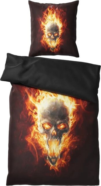 Sanilo Bettwäsche 2-teilig Totenkopf in Flammen aus Baumwolle, Braun/Schwarz, B/H: 135 x 200 cm und 80 x 80 cm - Bild 1