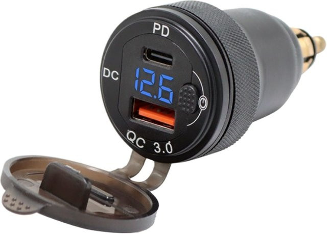Hella Motorrad USB-Ladegerät mit USB-C und Dual USB Anschlüssen sowie Voltmeter und Ein-Aus-Schalter in Metallgehäuse für BMW Ducati Triumph - Bild 1