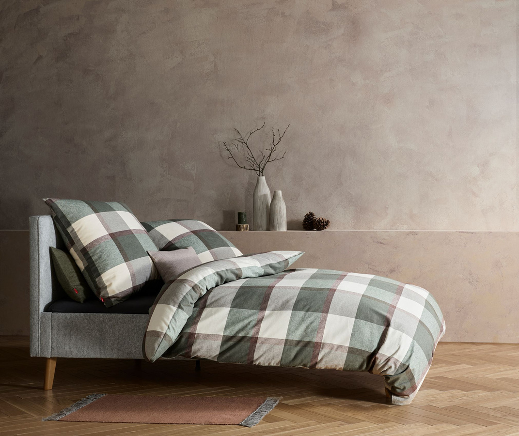 Fleuresse Lech Edelflanell Bettwäsche Karo Grün Braun Beige B/H: 200 x 200 cm mit Kissenbezug 80 x 80 cm - Bild 1