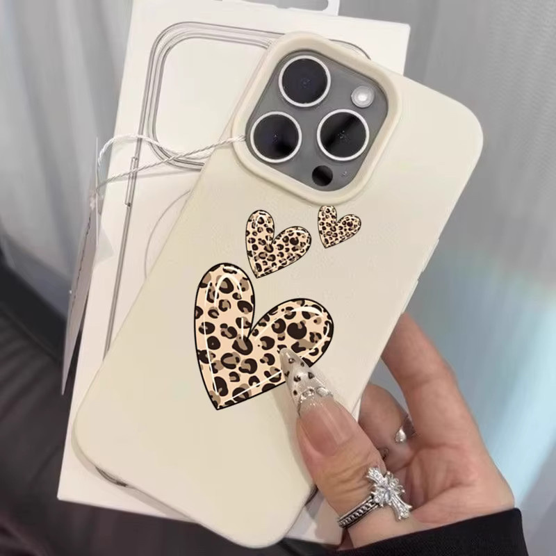 Handyhülle mit Leopardenmuster und Herzmuster für iPhone 11 bis iPhone 17 Pro Max in Beige - Bild 2
