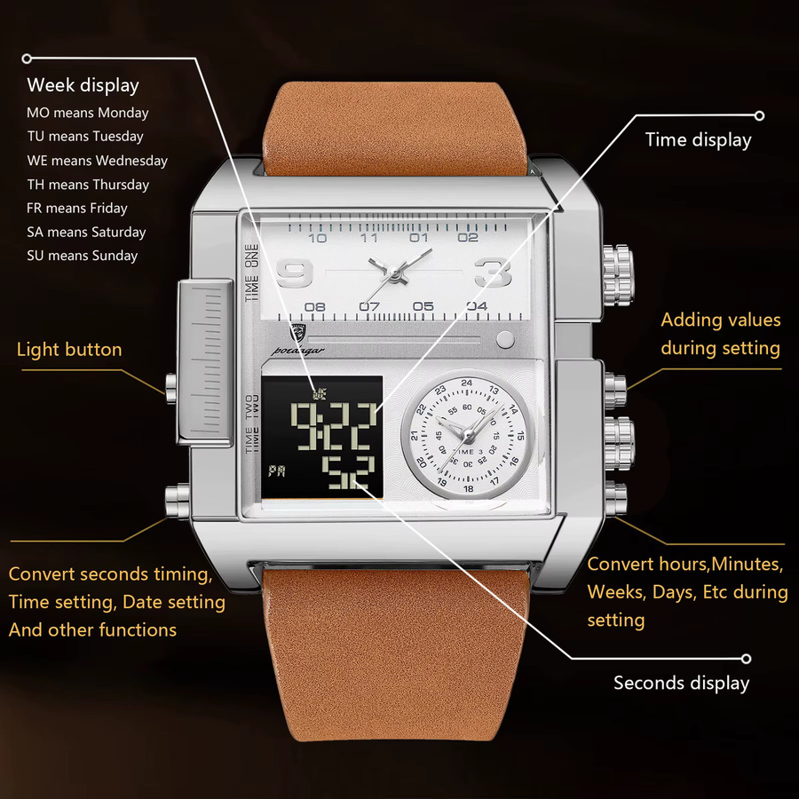 POEDAGAR Digitaluhr, Quarz, Edelstahl, Leder, Gold, Herren - Bild 4