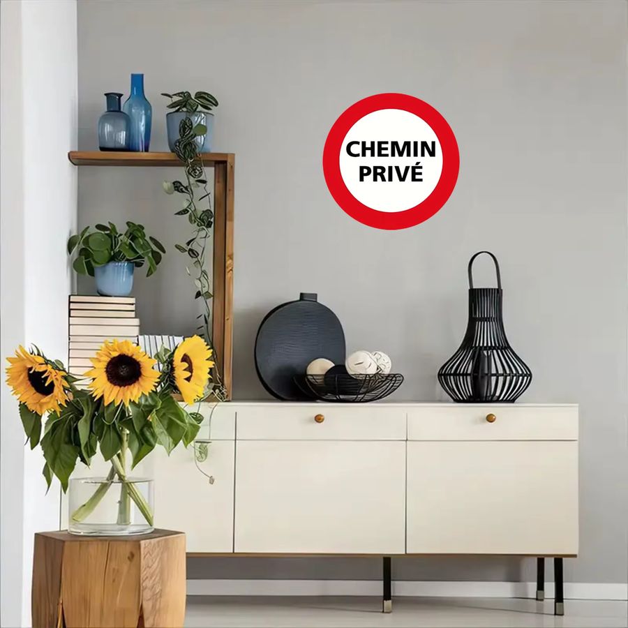 Potdemiel Rundes Vintage-Metallblechschild CHEMIN PRIVE Retro-Wandkunst in Rot, Weiß und Schwarz für Innen und Außen - Bild 4