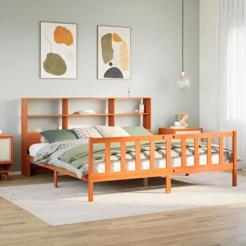 Massivholzbett aus Kiefer mit Regal von Vidaxl in Braun, B/T/H: 180 x 200 x 110 cm - Bild 1