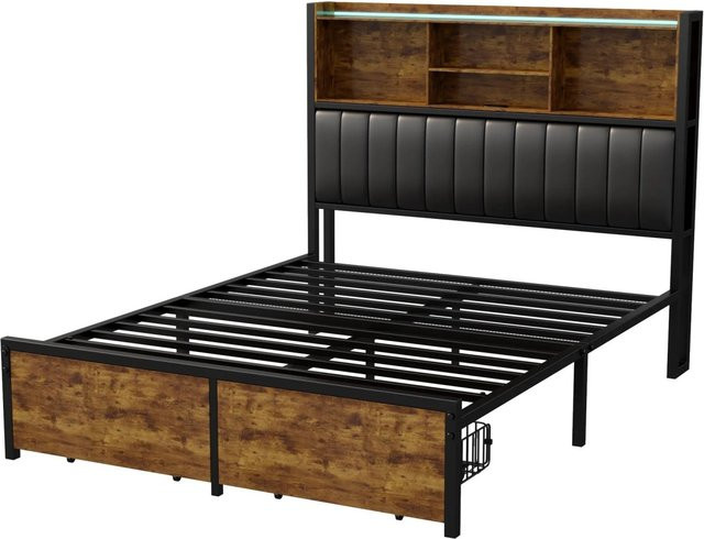 PXloue Polsterbett mit Schubladen und USB-Ladeport aus Kunstleder in Schwarz, B/H/T: 140 x 217 x 200 cm - Bild 1