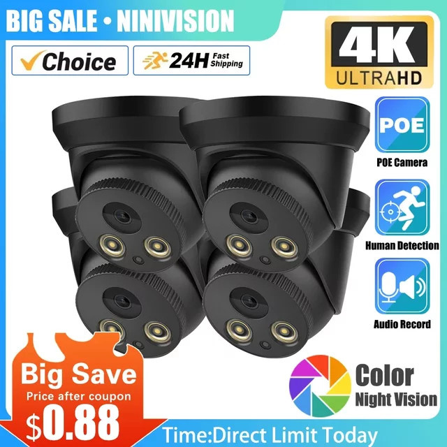 NINIVISION IP 8MP 4K Überwachungskamera mit Metallgehäuse, Schwarz, PoE, integriertem Mikrofon und Nachtsicht für 10CH NVR - Bild 1