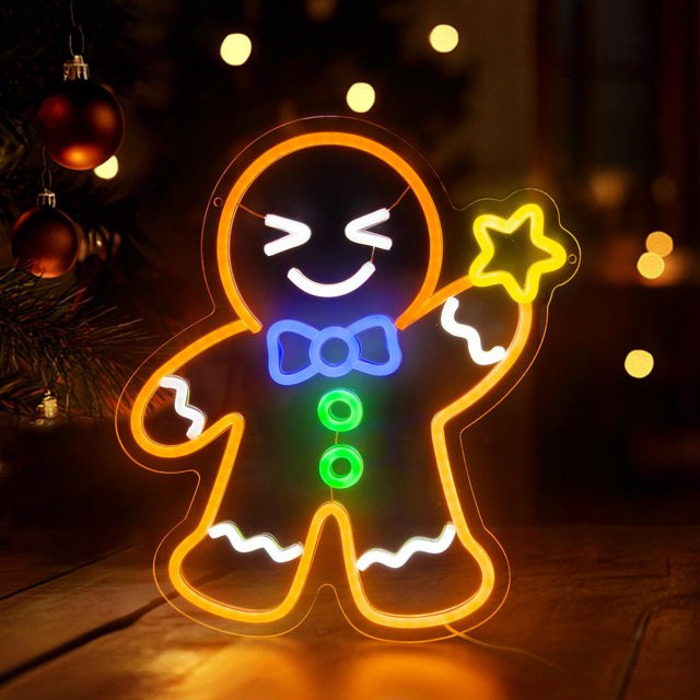 Gingerbread Man Weihnachts-LED-Neonschild in Multicolour mit dimmbarer USB-Beleuchtung für Fenster, Wand und Dekoration - Bild 1