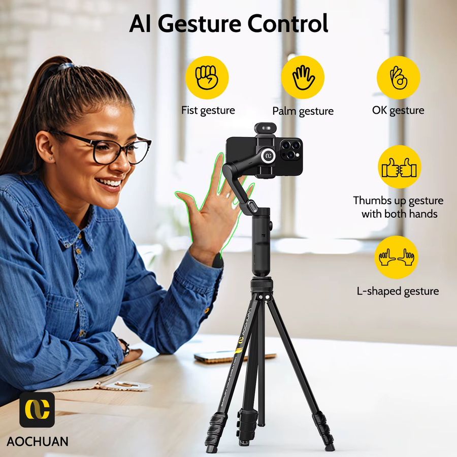 AOCHUAN Smart X Kompletter Combo-Hand-Gimbal-Stabilisator für iPhone und Android Smartphone mit Bodenstehendem Stativ in Schwarz - Bild 4