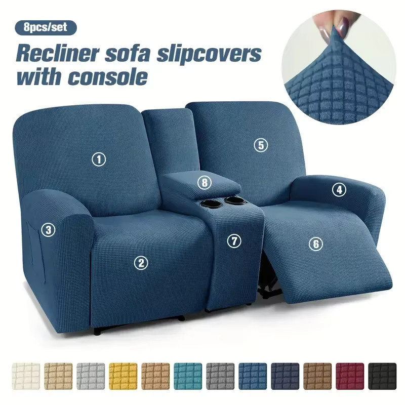 WANERQU 2-Sitzer Relaxsessel-Bezüge mit Konsolenabdeckung, elastischer Loveseat-Schonbezug für Relaxsessel in Blau und Grau - Bild 4