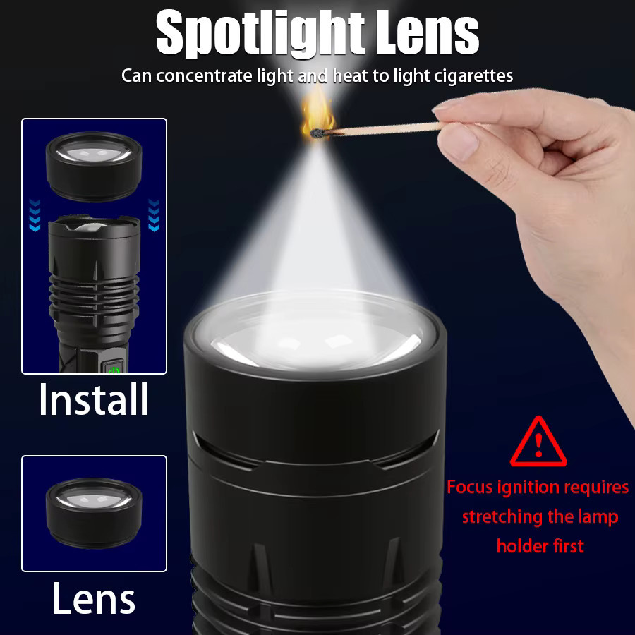 Heinast Taktische LED-Taschenlampe mit Zoom und Zündlinse, wiederaufladbar, Schwarz - Bild 2