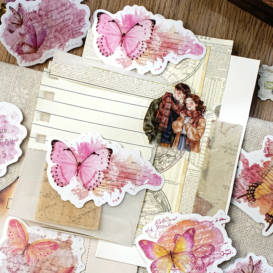 Etori Life Rosa Aquarell-Schmetterlingsaufkleber im Vintage-Ins-Stil, 30 Stück, dekorative Aufkleber aus Papier für Laptops, Wasserflaschen und Fotoalben - Bild 3
