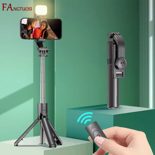 FANGTUOSI Bluetooth Selfie Stick Stativ mit Desktop Ständer und kabellosem Fernauslöser für iPhone und Android in Schwarz mit Fülllicht - Bild 1