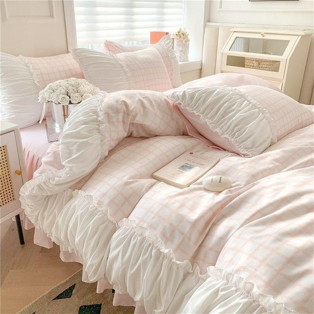 Bin Chi Textiles Prinzessinnen Bettwäsche-Set im koreanischen Stil mit Karomuster und Rüschen in Rosa, 3-teilig für 1,5m Bett, B/H: 150 x 200 cm - Bild 1