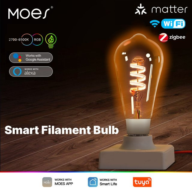 MOES ST64 Smart LED-Glühbirne Edison mit RGB-Farben, dimmbar, Tuya Matter WiFi Zigbee, kompatibel mit Alexa und Google Home - Bild 1
