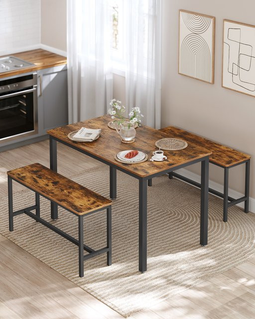 VASAGLE Essgruppe im Industrie-Design mit Küchentisch und 2 Bänken, Braun-Schwarz, B/T/H: 110 x 70 x 75 cm und B/T/H: 97 x 30 x 50 cm - Bild 1