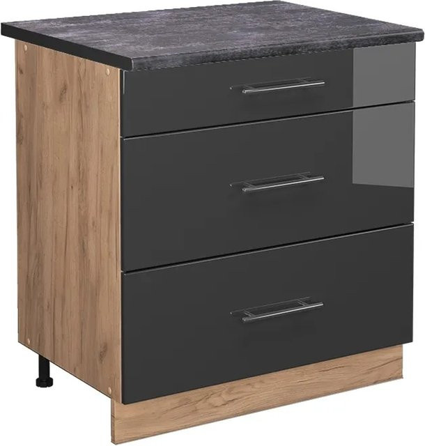 Vicco Küchenunterschrank Fame-Line Anthrazit Hochglanz und Goldkraft Eiche mit 3 Schubladen, B/T/H: 80 x 60 x 82 cm - Bild 1