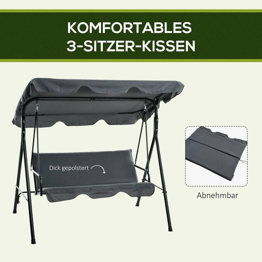 Outsunny Hollywoodschaukel grau mit Sonnendach aus Polyester und pulverbeschichtetem Stahl, B: 110 cm, H: 153 cm, T: 172 cm - Bild 2