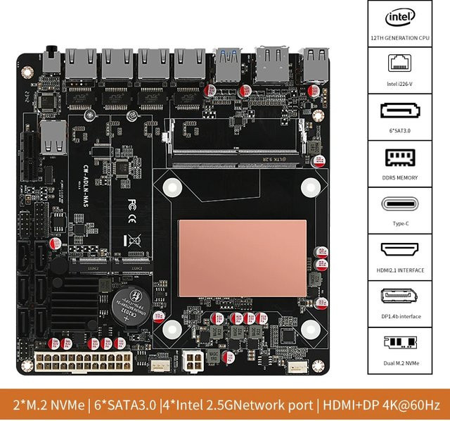 YiHESZ Mini-ITX NAS-Motherboard N100/N150 in Schwarz mit 4x 2,5G-Netzwerkkarte, 6x SATA3.0, 2x M.2 NVMe und DDR5 Unterstützung für DIY NAS-Systeme - Bild 1
