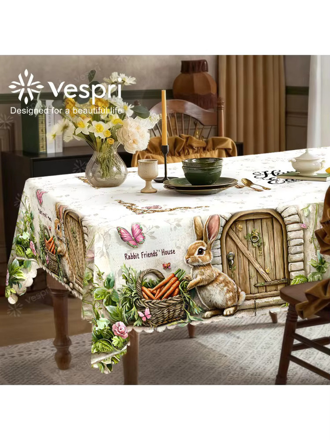 Vespri Oster-Tischdecke aus Polyester in Weiß und Beige mit Hase, Schmetterling und Blumen für Partys und Feste - Bild 4