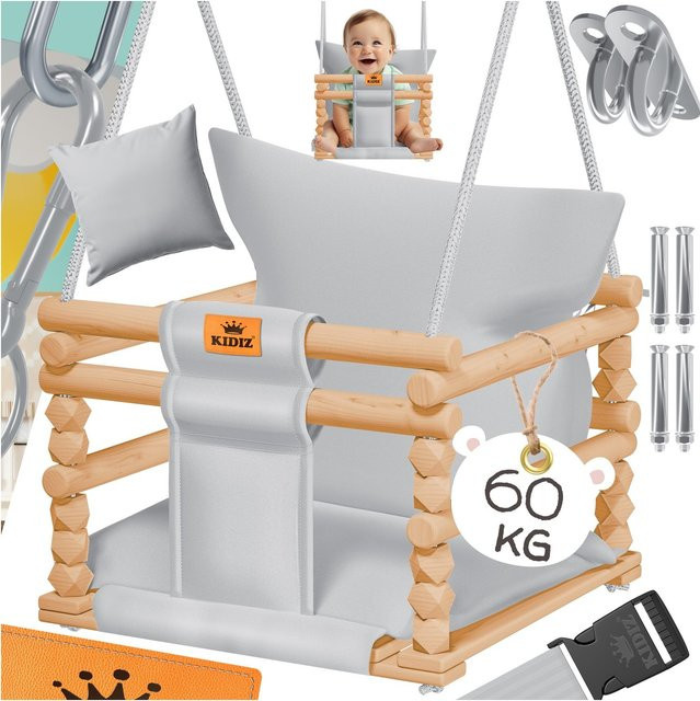 KIDIZ Babyschaukel aus Holz mit Polsterung, höhenverstellbare Kinderschaukel für Indoor & Outdoor, bis 60 kg belastbar - Bild 1