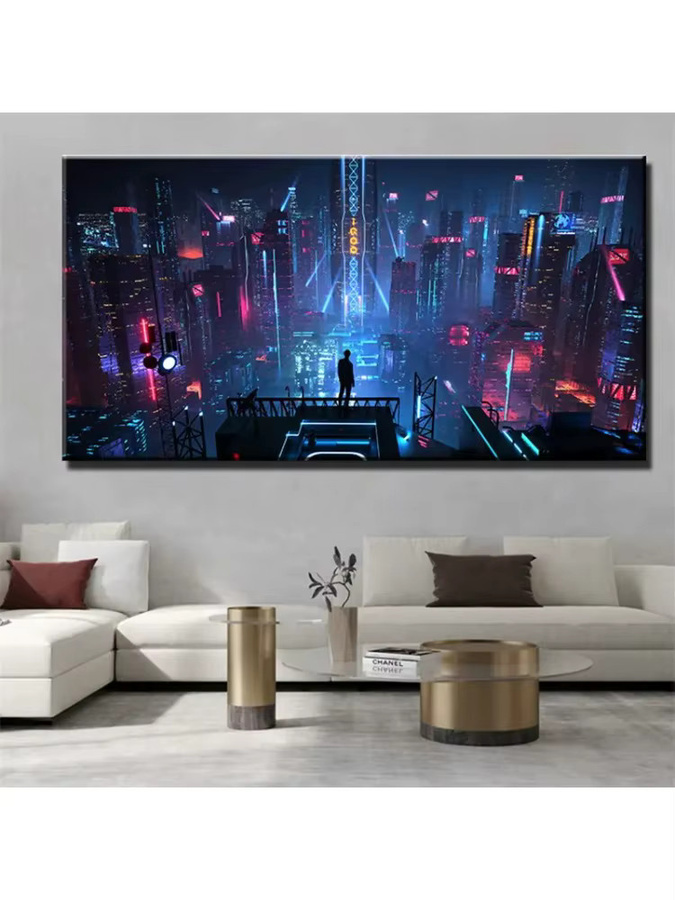 Cyberpunk Sci-Fi Leinwand Kunstdruck HALFLEMART mit Neonlichtern und nächtlicher Stadtlandschaft in Multicolour - Bild 5