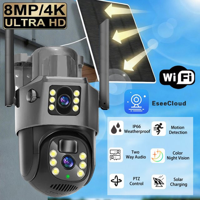 EseeCloud 4K 8MP Solar-Überwachungskamera mit Doppellinse für den Außenbereich, batteriebetrieben via 4G oder WiFi - Bild 1