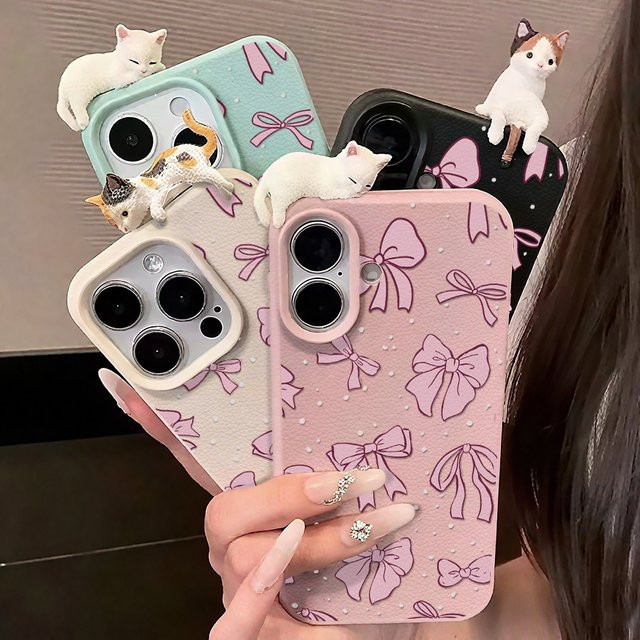Weiche 3D Silikonhülle mit Schleifen- und Katzenmotiv für iPhone 11 bis iPhone 17 Pro Max in Rosa oder Grün - Bild 1