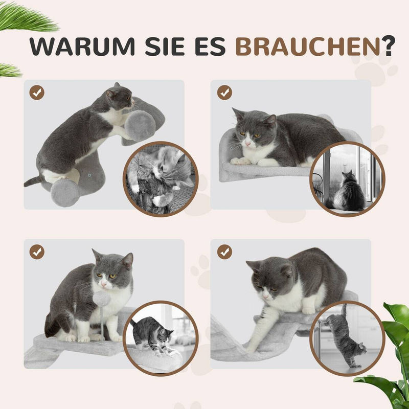 PawHut Katzen Kletterwand Set 4-teilig in Hellgrau mit Kratzbäumen, Stufen, Leiter und Spielball aus Sisal und Plüsch, B/H/L: 26 x 90 x 12,5 cm - Bild 3