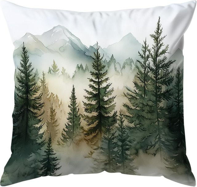 JMG Clothing Dekokissen Kissenbezug Wald-Aquarellmalerei aus Polyester, Farbe: Grau/Grün, B/T: 45 x 45 cm - Bild 1