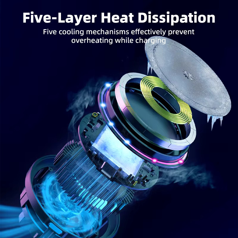 Vyvylabs Magnetische kabellose Handyhalterung mit RGB-Beleuchtung und Kühlung, 15W Autoladegerät für iPhone und Android, Schwarz/Multicolor - Bild 3