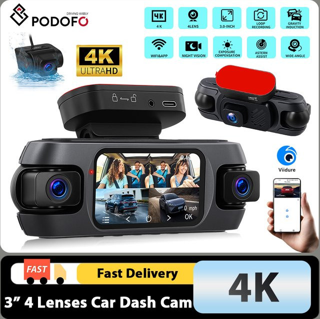 Podofo 4K Dashcam mit 360-Grad-Parküberwachung, WiFi, Nachtsicht und G-Sensor in Schwarz - Bild 1