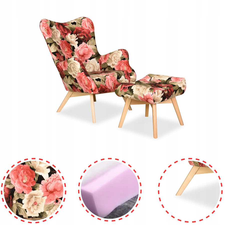 Skandinavischer Ohrensessel Luna Print mit Hocker-Pouf von Family Meble in blumigem Stoffdesign - Bild 3