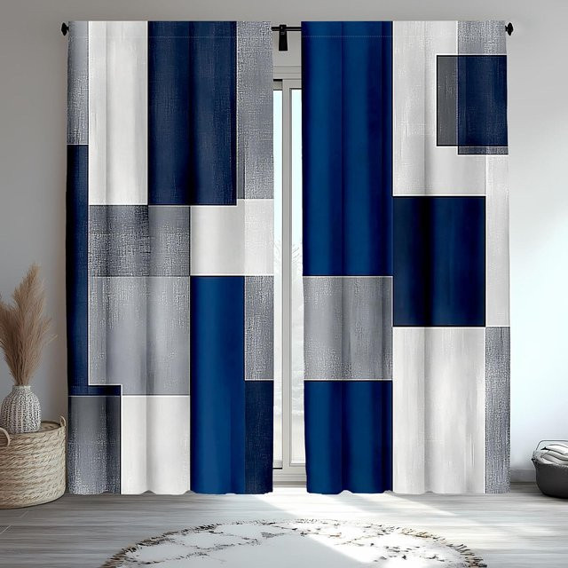 2er-Set karierte Vorhänge mit Stangentaschen in Mehrfarbig und Blau, halbtransparent, Polyester, Breite: 107 cm, Höhe: 213 cm - Bild 1