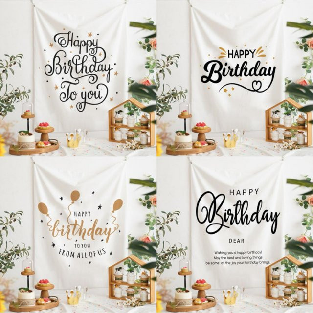 VIKAMA Minimalistischer Happy Birthday Wandteppich in Schwarz-Weiß, Typografischer Party-Hintergrund für Geburtstagsdekoration, Breite: 130 cm, Höhe: 150 cm - Bild 1