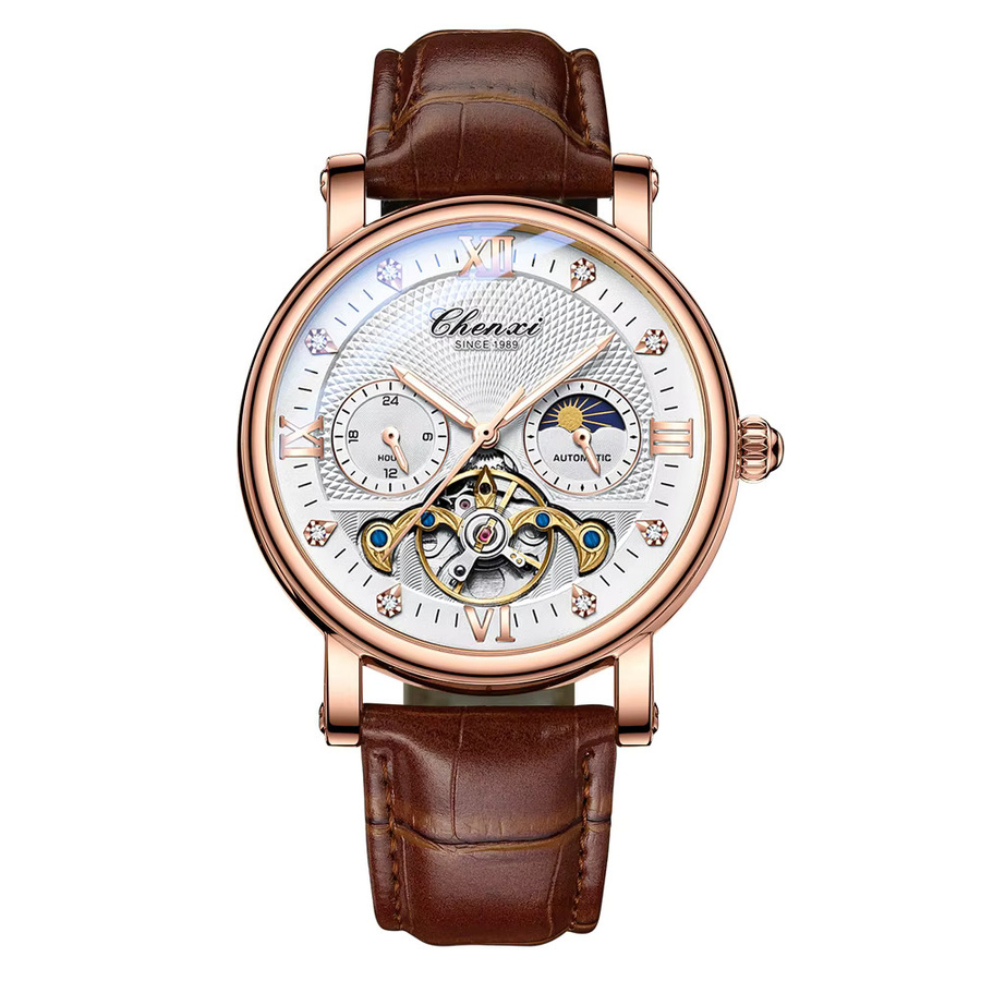 CHENXI Armbanduhr, Automatik, Tourbillon, Mondphase, Leder, Herren - Bild 4