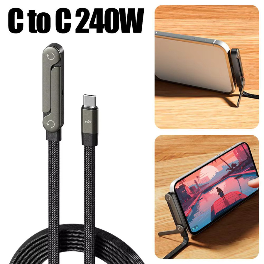 Faltbares 240 W USB-Typ Ladekabel mit integriertem Ständer und Telefonhalter für Telefon und Tablet in Schwarz - Bild 2