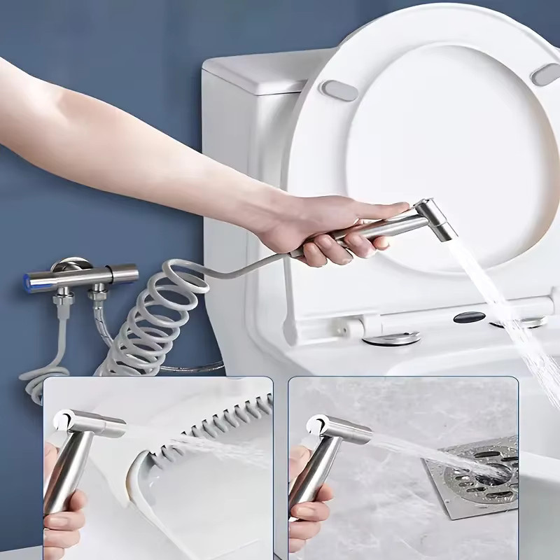 YANKE Bidet-Sprühgerät Set aus Edelstahl 304 mit Doppelfunktions-Eckventil in Silber gebürstet - Bild 3