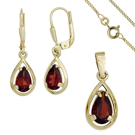Colfem Schmuck-Set, 333 Gelbgold, 3 Granate rot, Ohrringe und Kette, 45 cm - Bild 1