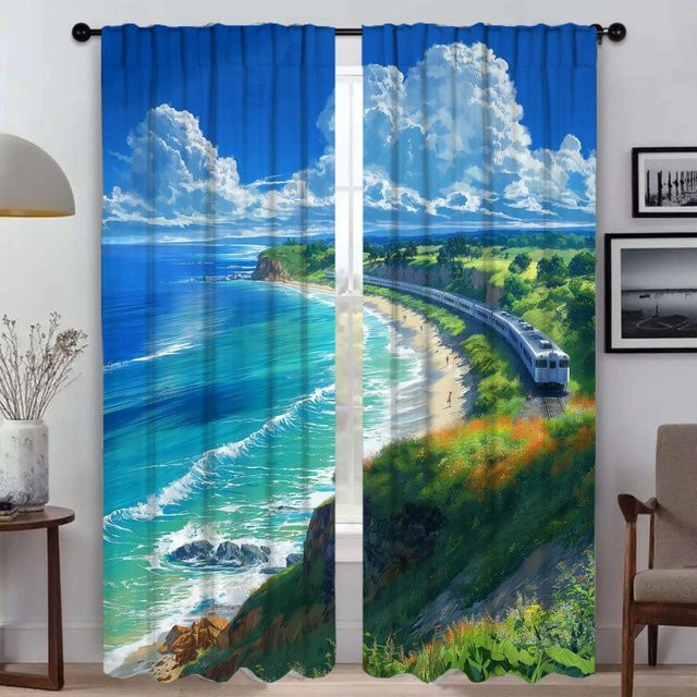 Zweiteiliges Set Verdunkelungsvorhänge mit Grafikdesign in Blau, Breite: 50 cm, Höhe: 70 cm - Bild 1