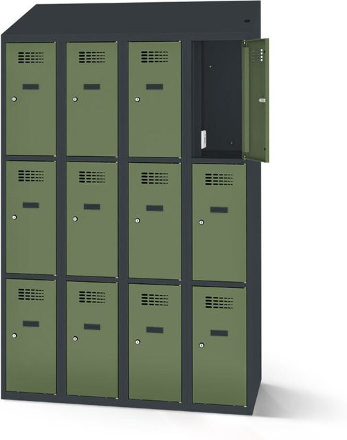 rotstahl Fächerschrank mit Ladefunktion in Hellgrün und anthrazitgrauem Korpus, 12 Fächer (4x3), B: 120 cm, H: 200 cm - Bild 1